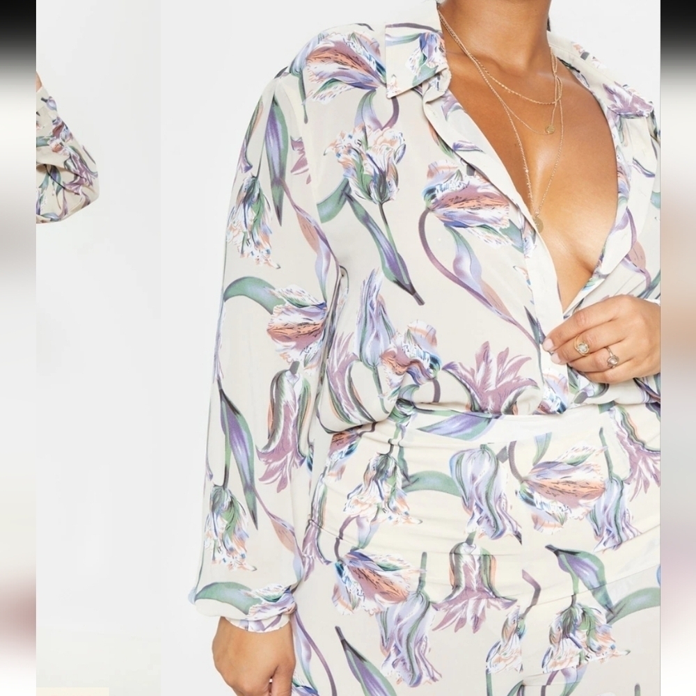 NWT PrettyLittleThing Plus Dusty Pink Floral Oversized Shirt